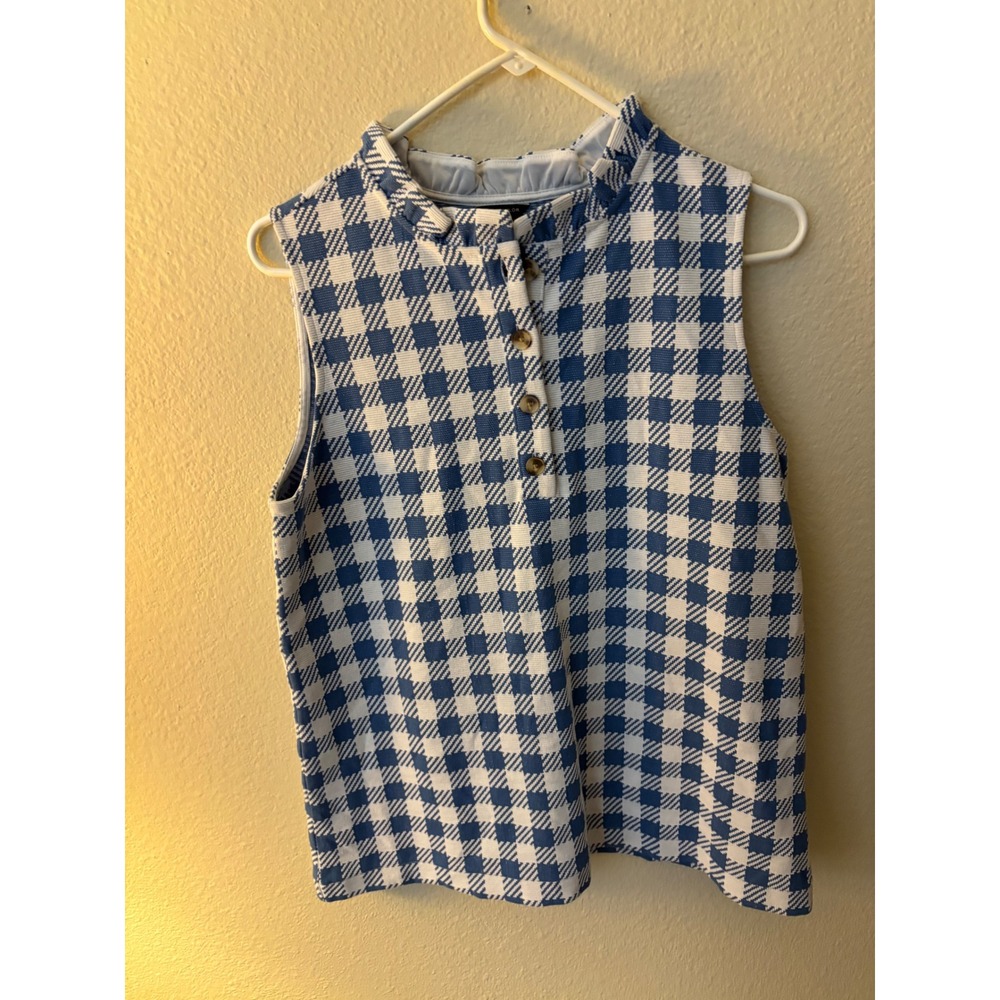 Ann Taylor Blue White Gingham Ruffle Neck Sleeveless Knit Top Medium
A1229